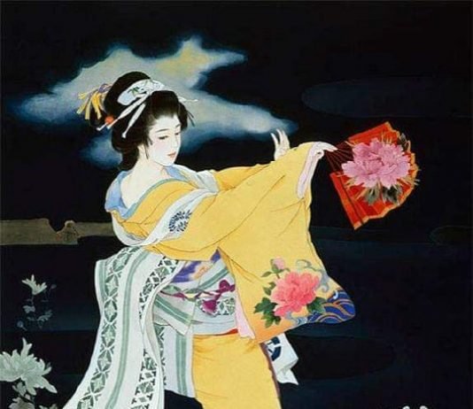 Dancing lady in moonlight with a fan